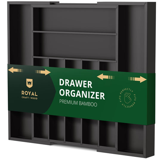 ROYAL CRAFT WOOD Luxury Bamboo Kitchen Drawer Organizer - Silverware Organizer - Utensil Holder and Cutlery Tray with Grooved Drawer Dividers for Flatware and Kitchen Utensils, 9 Slot (Black)