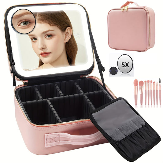 SZCY LLC Travel Makeup Bag with Led Mirror, Makeup Case Cosmetic Bag Makeup Organizer Bag with Lighted Mirror 3 Color Scenarios Adjustable Brightness, 5X Magnifying Mirror