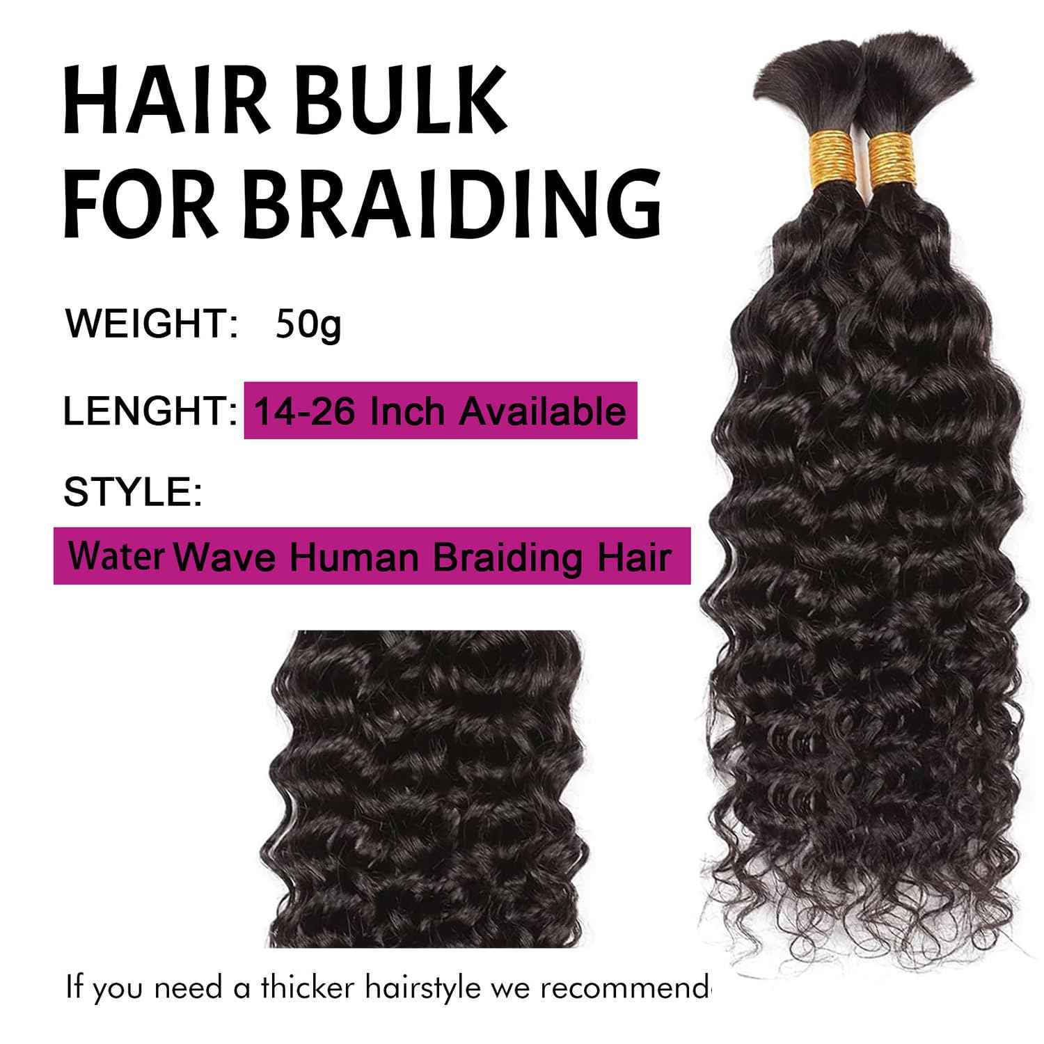 Human Braiding Hair For Boho Braids Deep Water Wave Bulk Human Hair for Braiding 12A Wet and Wavy Curly 100% Human Hair Extensions 1 Bundle 50g Natural Color 24inch