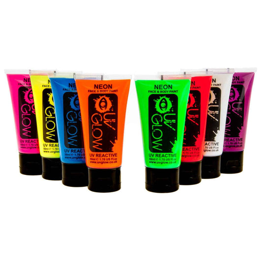 UV Glow Blacklight Face and Body Paint 1.7oz - Set of 8 Tubes - Neon Fluorescent