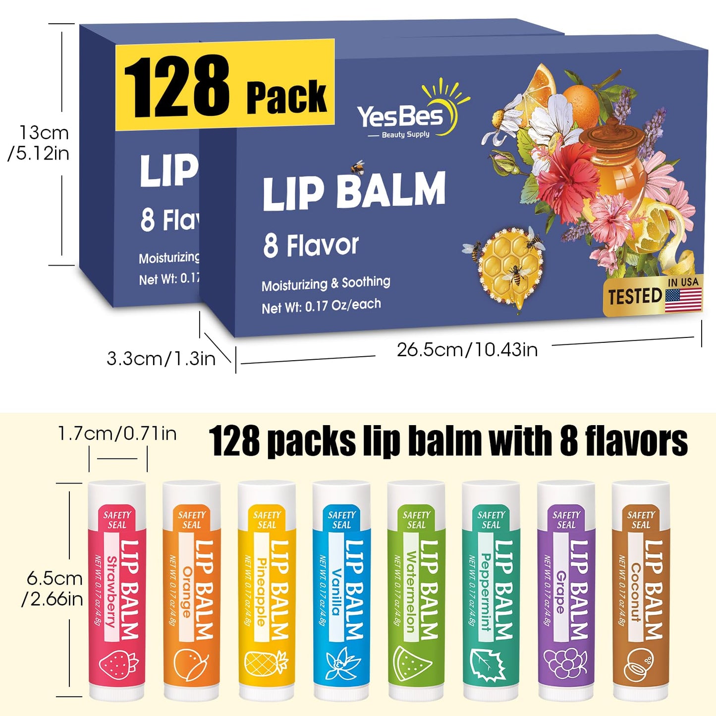 YesBes 128 Pack Lip Balm, Natural Lip Balm Bulk with Vitamin E and Coconut Oil, Moisturizing Lip Balm for Dry Cracked Lips, Lip Balm for Stocking Stuffers - 8 Flavors