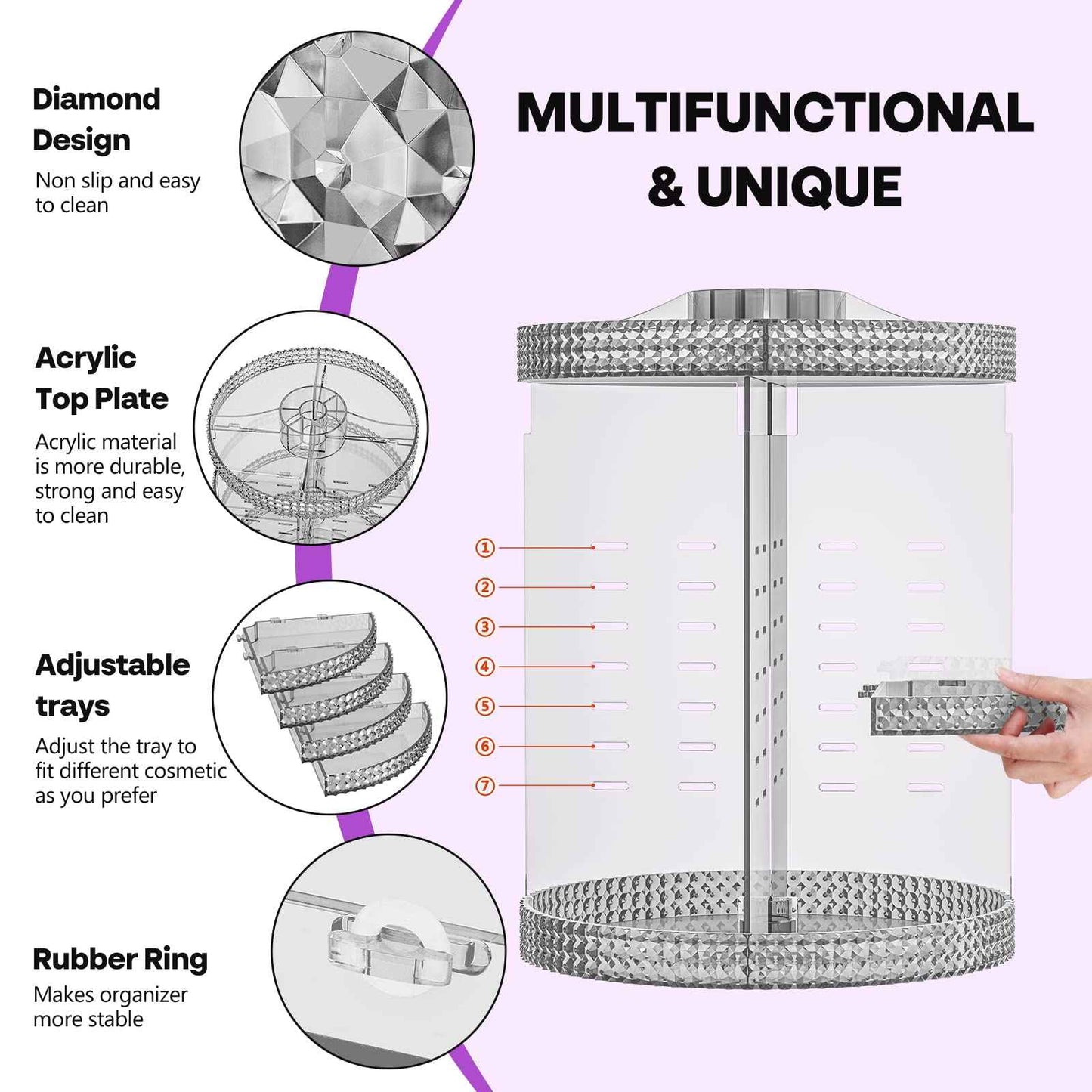 HEMTROY 360 Degree Rotating Makeup Organizer, Extra Large Capacity Cosmetic Storage Unit, Removable DIY 7 Layers Skincare Organizer, Acrylic Beauty Perfume Organizer for Vanity Countertop (Gray)