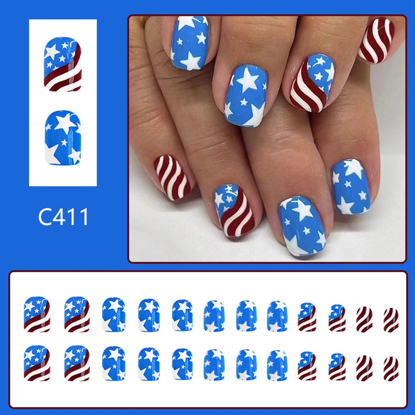 24Pcs Independence Day Press on Nails Short Square Blue Red Fake Nails Star Full Cover Gel Glue on Nails Glitter False Nails 4th of July Nails for Women Acrylic Nails Stick on Nails Decorations