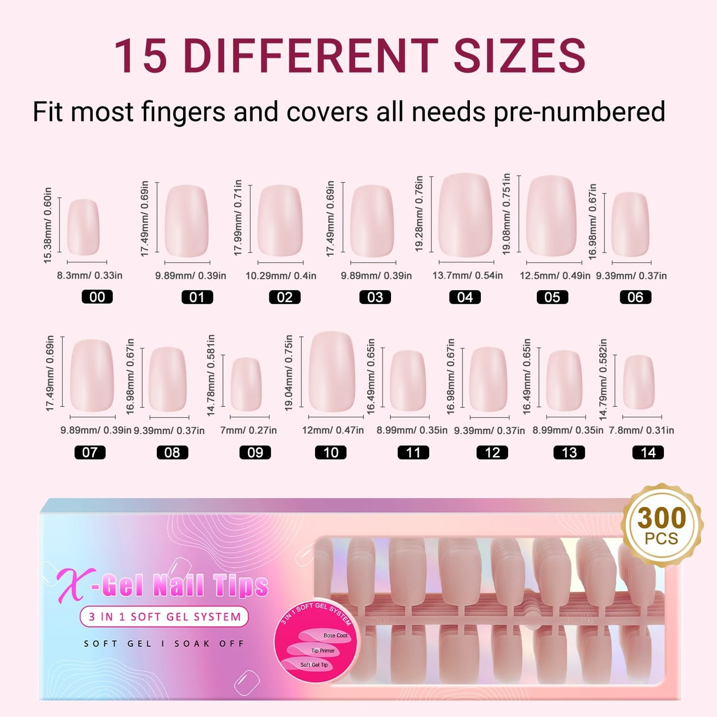 KQueenest Soft Gel x Nail Tips with Tip Primer - 300 Pcs Press on Nails Medium Short Square, Natural Fake Nail Tips, Pre-Colored Acrylic Nails, Gel x Tips Nail Extension for DIY Nail Art, Pink