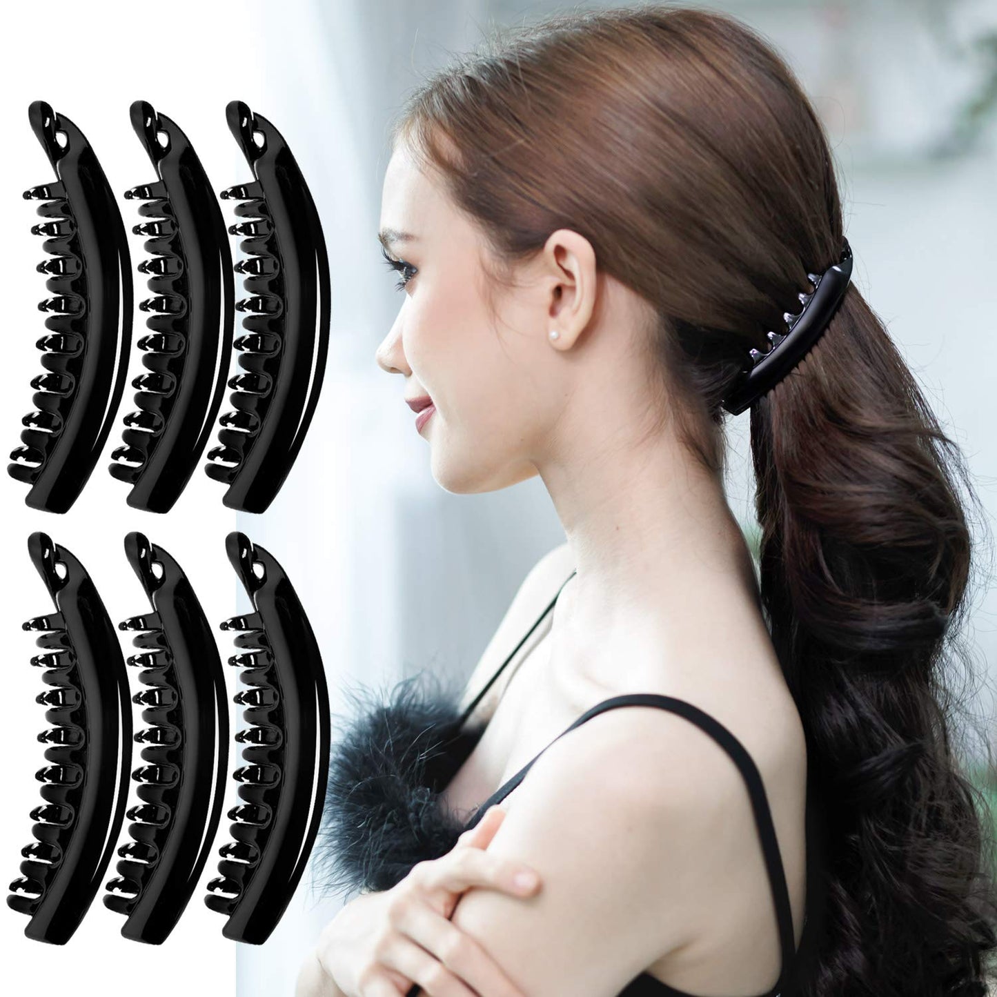 RC ROCHE ORNAMENT 6 Pcs Womens Premium Hair Plastic Banana Classic Clincher Strong Hold Ponytail Maker Girls Ladies Beauty Accessory Clasp Clip, Medium Black and White