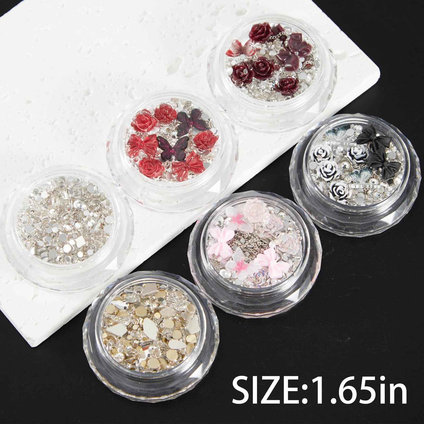 SILPECWEE 6 Boxes Nail Rhinestones and Charms, 3D Flower Butterfly Bow Nail Art Charms Nail Gems Diamond Pearls Glass Crystal Clear Silver Caviar Beads Metal Nail Chain Nail Jewelry Decoration