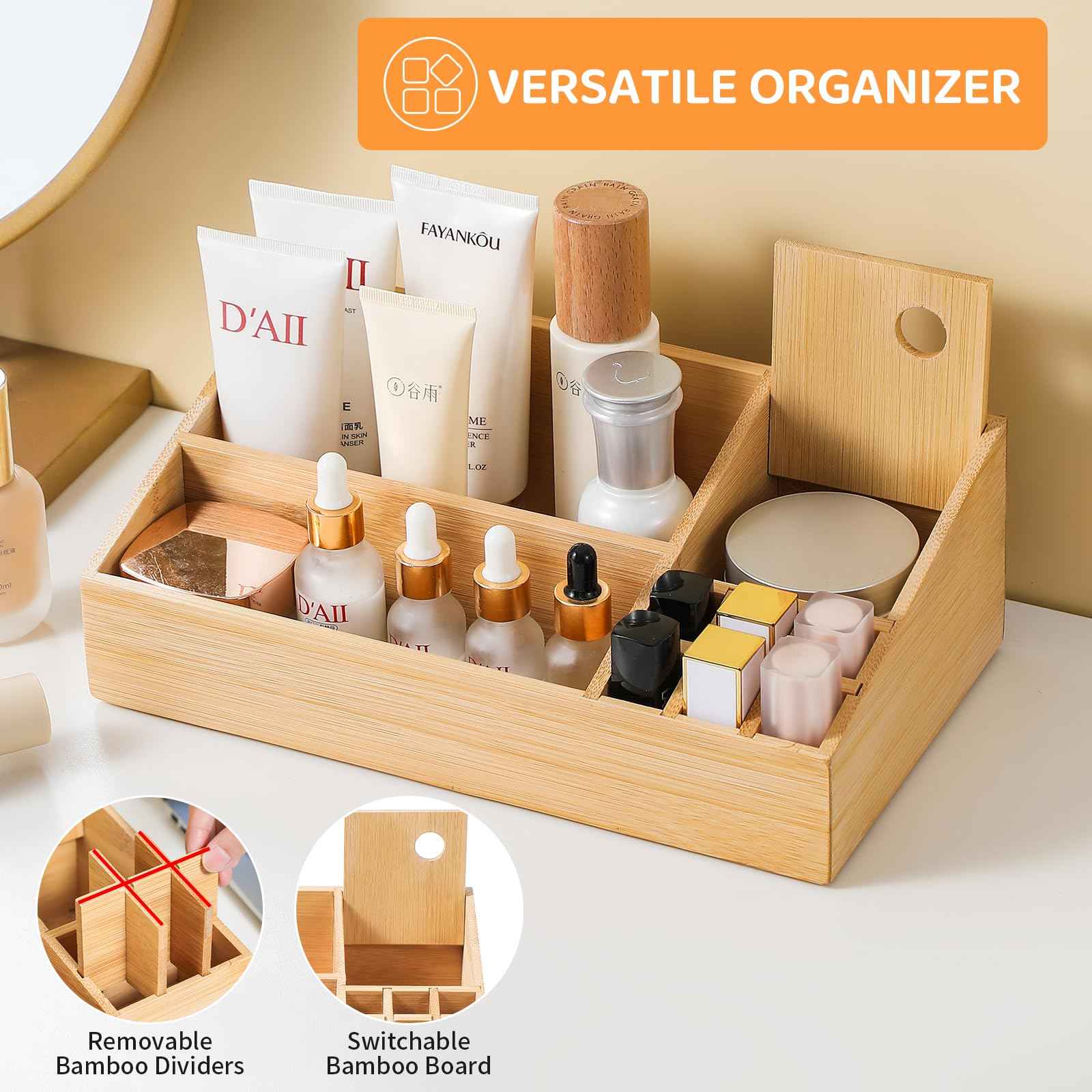 fyoolym Bamboo Makeup Desk Organizer, Makeup Storage Organization Table Box, Suitable for Desk Organizer and Storage Dressing Table, Bathroom Desk, Counter