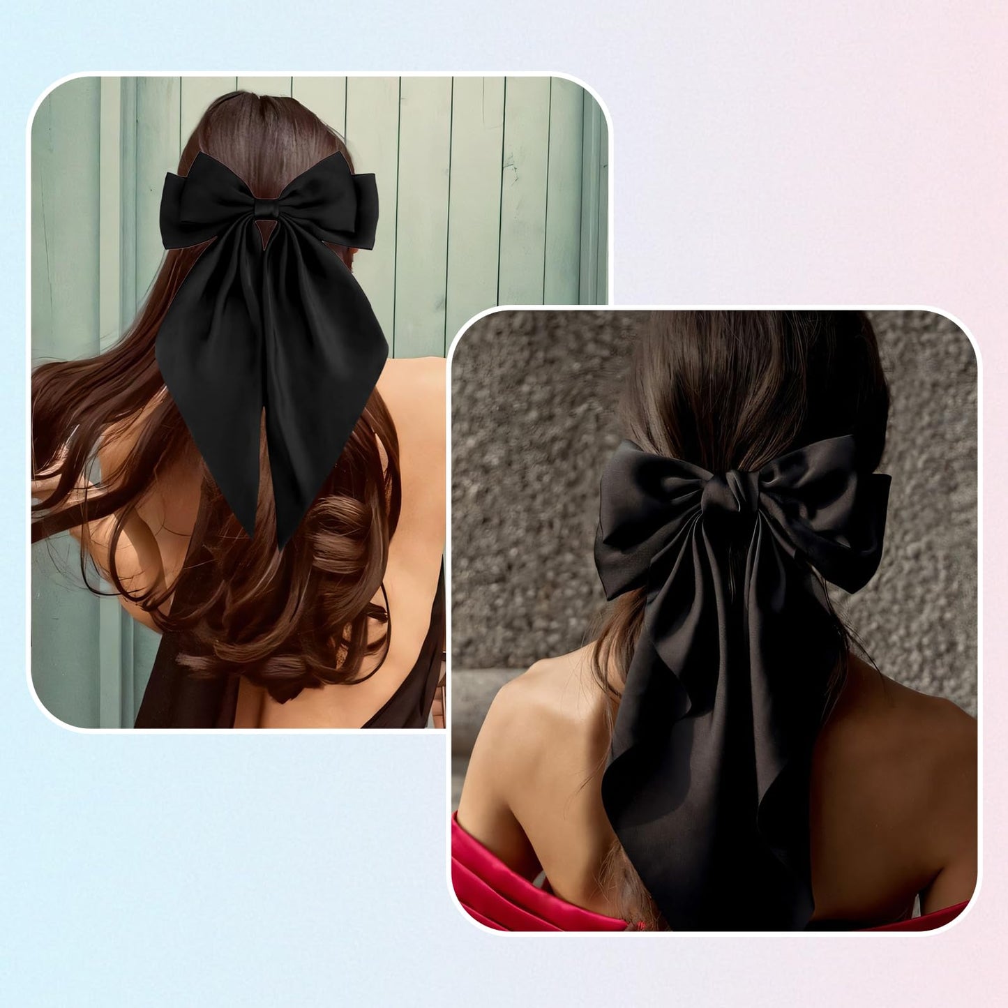 Hadutrek Silky Satin Hair Bows 2PCS Big Hair Bows for Women Flower Hair Clips Hair Ribbons Oversized Long Tail Black Bow Butterfly Hair Clips Hair Accessories Claw Clips for Thick Hair for Women