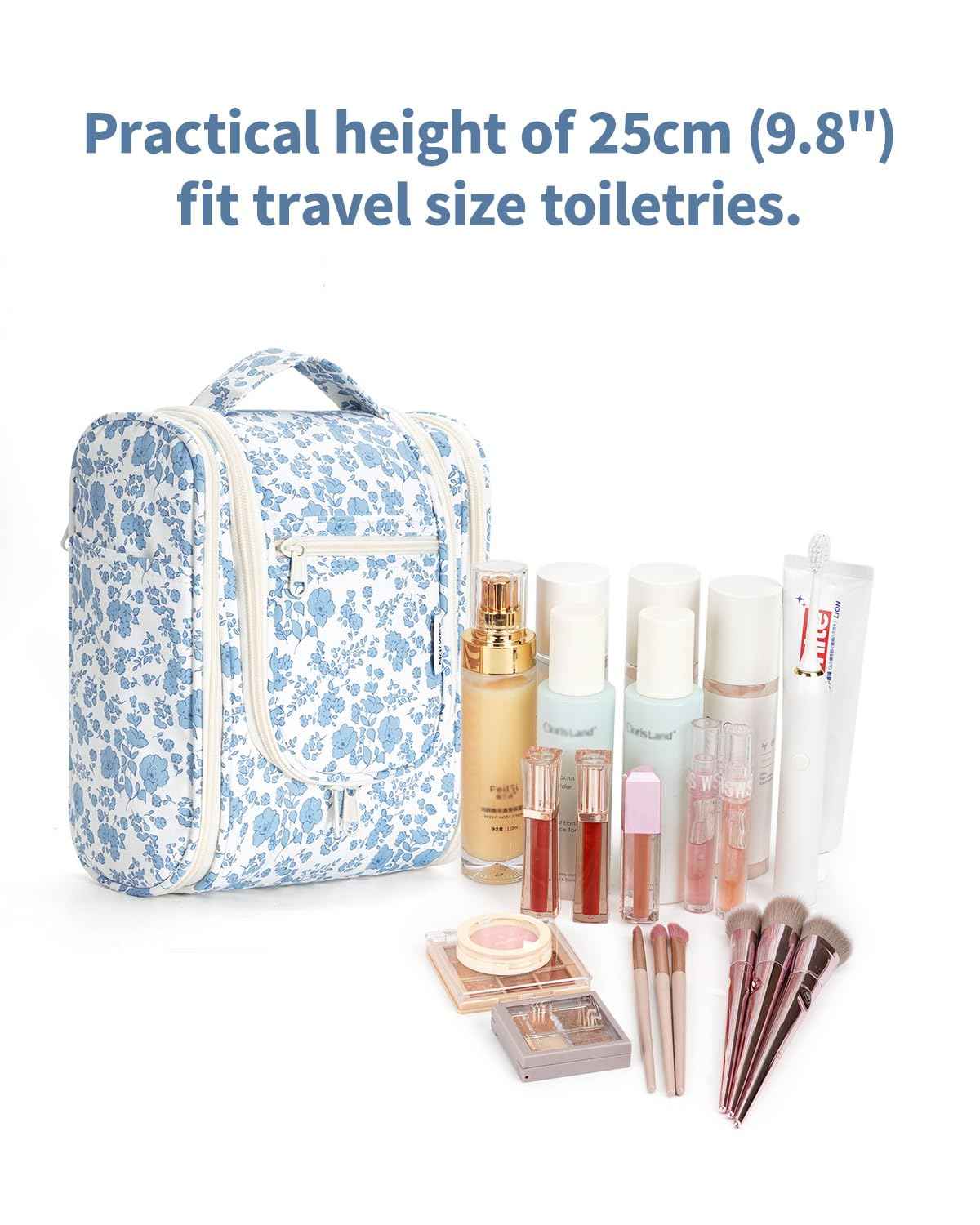Narwey Hanging Toiletry Bag Women Travel Makeup Bag Organizer Toiletries Bag for Travel Size Essentials Accessories Cosmetics (Medium,Little Blue Flower)