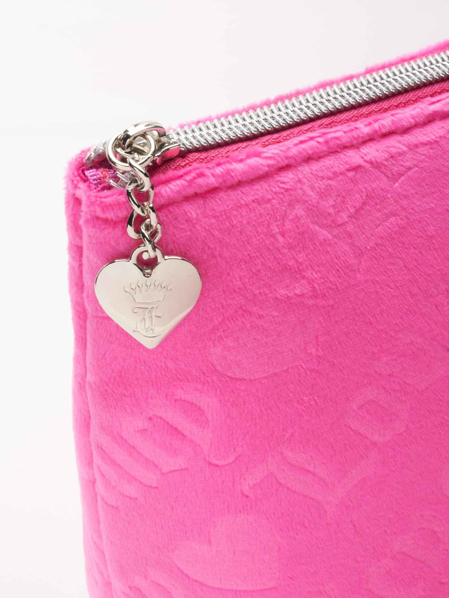 Juicy Couture Pink Makeup Bag Cosmetics Organizer Travel Essentials Zip Top Wedge Velour Heart Love
