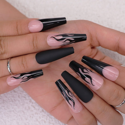 MISUD Long Coffin Press on Nails Ballerina Fake Nails Goth Black Flame Acrylic Nails Matte Glue on Nails Gothic Fire Sick on False Nails with Design 30 pcs