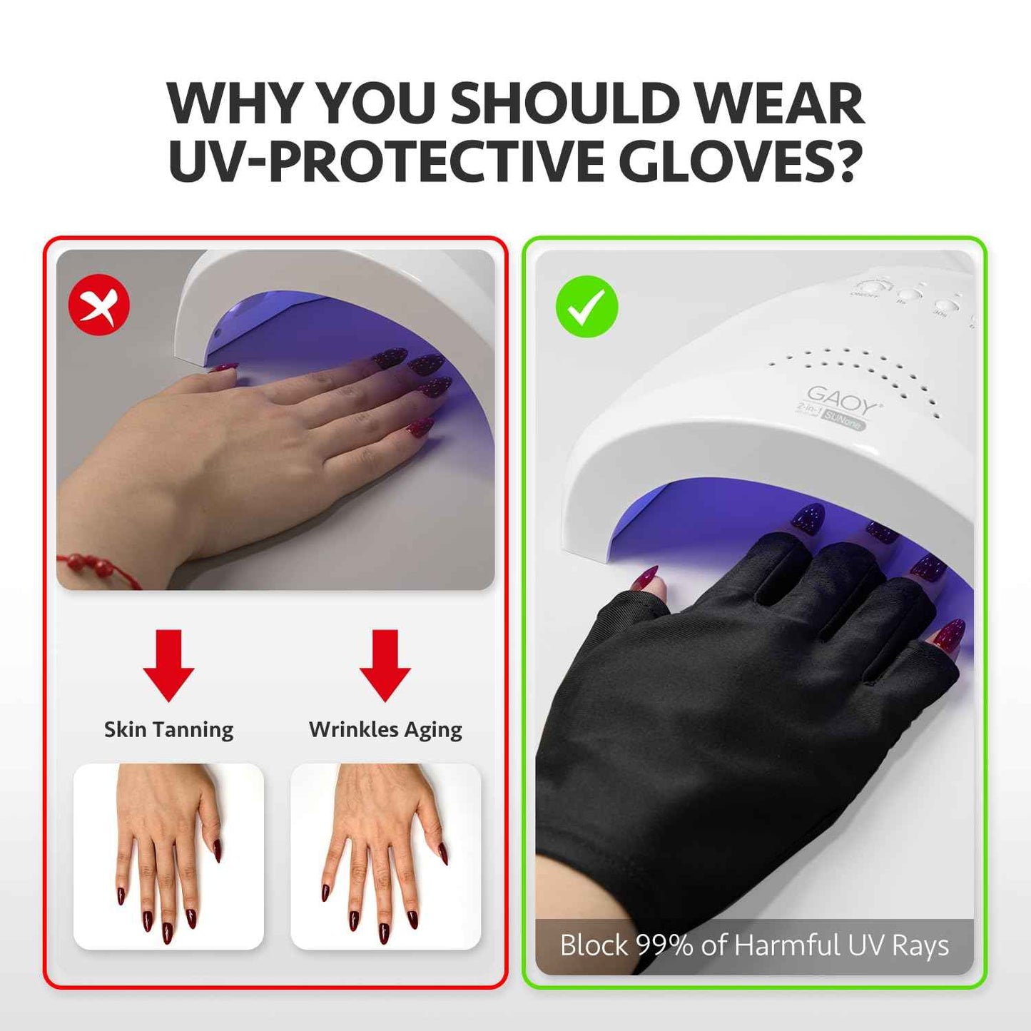 GAOY Anti UV Gloves for Gel Nail Lamp, Professional Fingerless UPF50+ UV Light Protection Gloves for Home DIY & Salon Use Nail Art Accessories