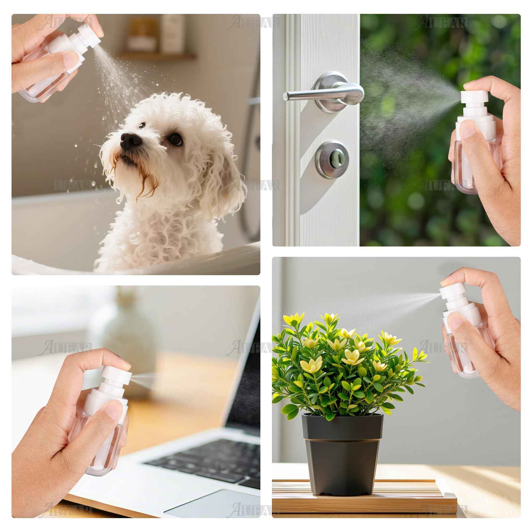 AUEAR, 4 Pcs 30ml Spray Bottles Plastic Empty Travel Refillable Mist for Skincare Makeup Hair Cleaning Lotion Perfume