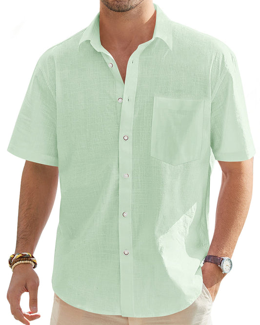 J.VER Men's Short Sleeve Linen Cotton Shirt Casual Button Down Shirt Summer Beach Tops with Pocket Light Green Medium