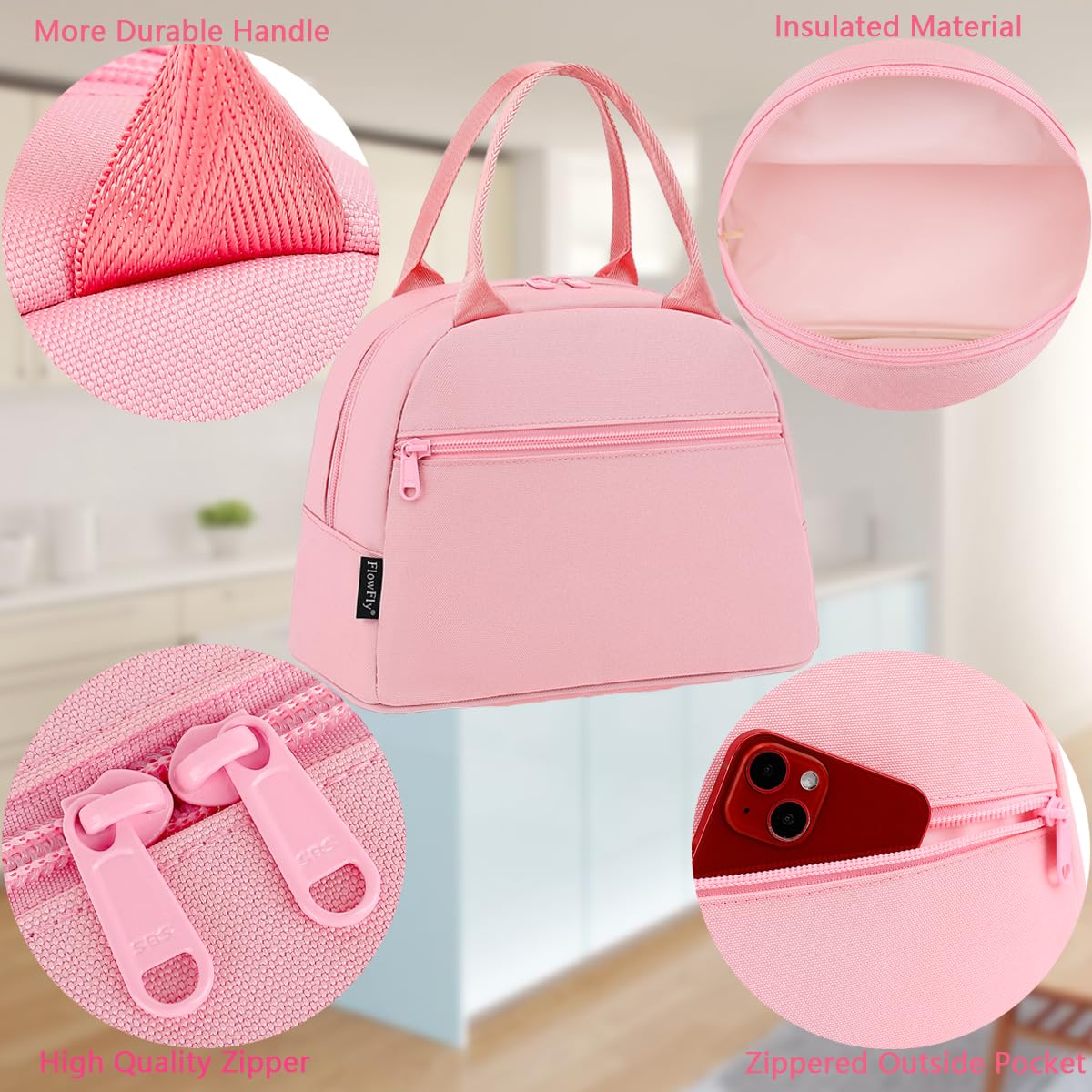 FlowFly Lunch Bag Tote Bag Lunch Organizer Lunch Holder Insulated Lunch Cooler Bag for Women/Men,Pink