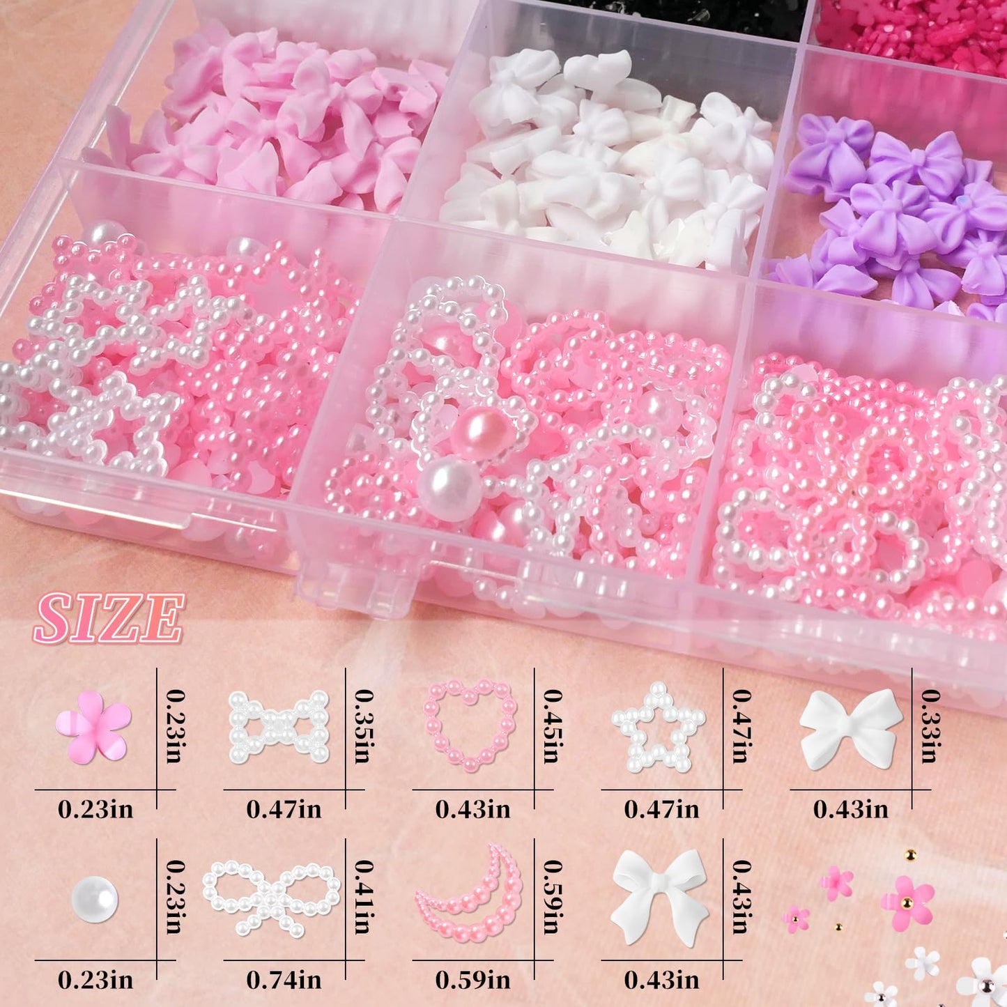 LoveOurHome Flower Nail Charms 3D Star Moon Heart Bow Charms Nail Decorations Kit Bow-knot Floral Nail Studs Rhinestone Pink White Pearl Beads Acrylic Nail Design Jewelry Nail Supplies with Tweezer