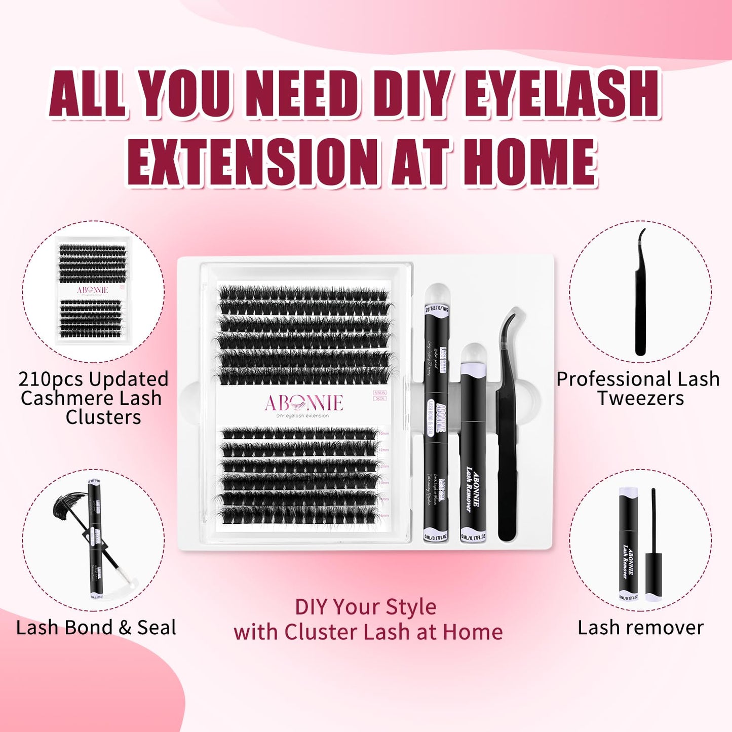 ABONNIE DIY Lash Extension Kit, Cluster lash Extensions Kit, 10-16mm Mix Lash Clusters, 80D+100D D Curl Lash Clusters Kit with Bond and Seal and Tweezer and Remover,at Home Lash Extensions Kit