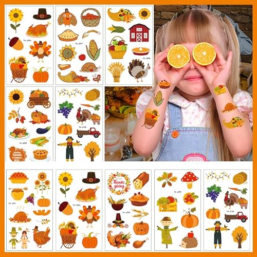 88 Pieces Fall Temporary Tattoos for Kids Women, 10 Sheets Autumn Fake Tattoos Thanksgiving Day Party Decorations Maple Leaf Turkey Scarecrow Pumpkin Cute Design Waterproof Tattoos Stickers Supplies