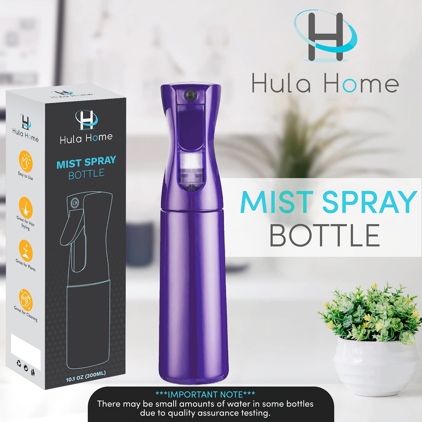 Hula Home Continuous Spray Bottle for Hair (10.1oz/300ml) Empty Ultra Fine Plastic Water Mist Sprayer – For Hairstyling, Cleaning, Salons, Plants, Essential Oil Scents & More - Purple
