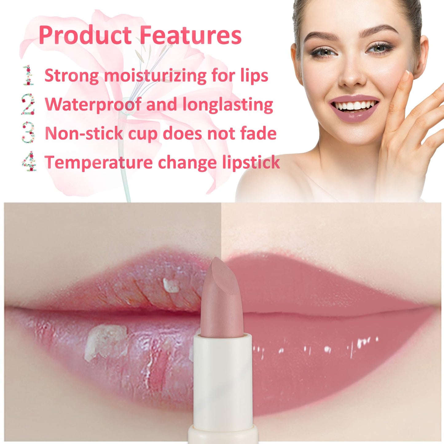 1 Pack Crystal Flower Jelly Lipstick,Magic Color Changing Lipstick,PH Clear Temperature Color Changing Lip Gloss,Lip Balm,Long Lasting Nourishing Moisturizing Lip Stick Set 04