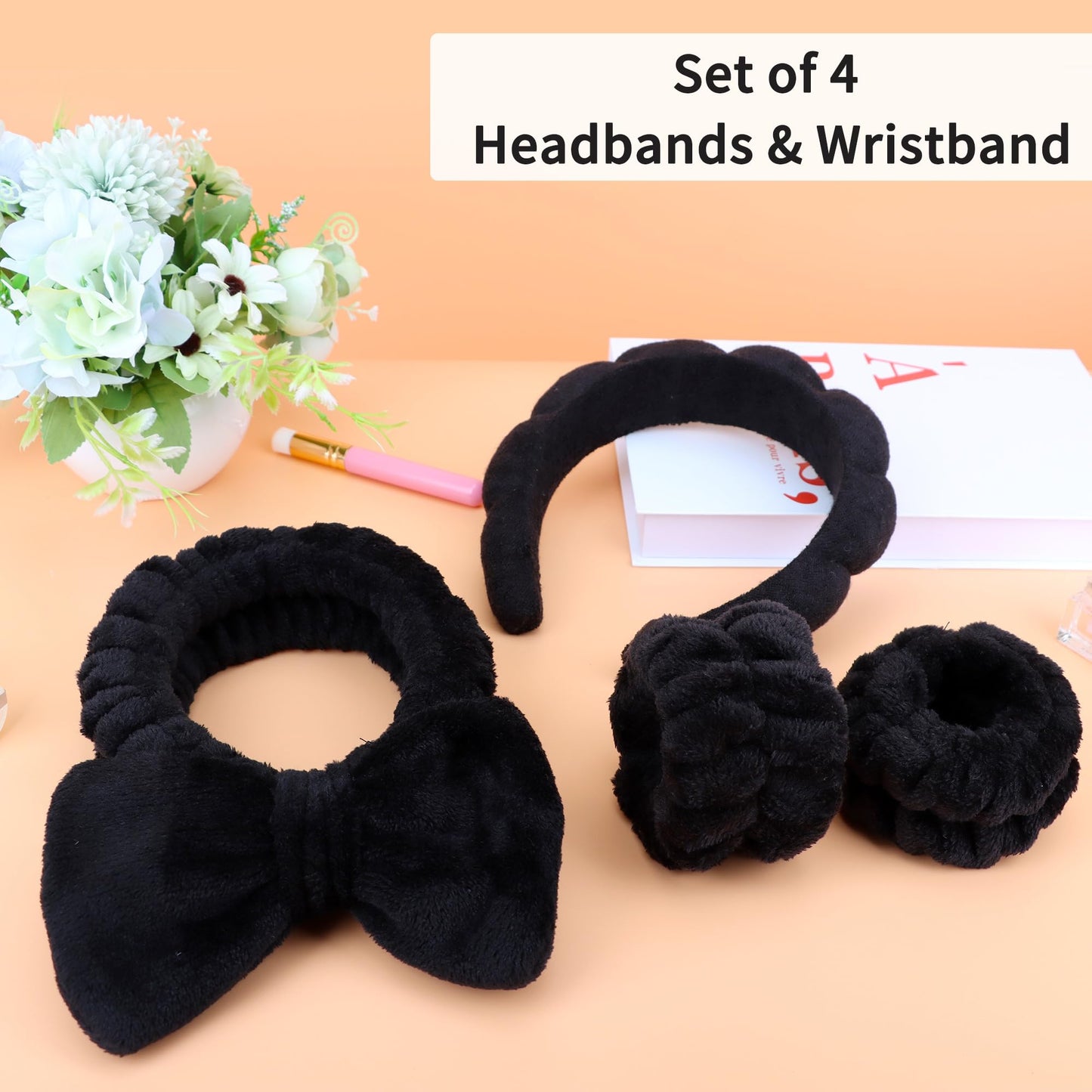 LVYOUIF 4PCS Spa Headband Hairband & Wristband Set Bow-tie Hairband with Buckled Hair Band Wrist Washband Terry Towel Cloth Headband for Washing Face Makeup Removal Skincare Black