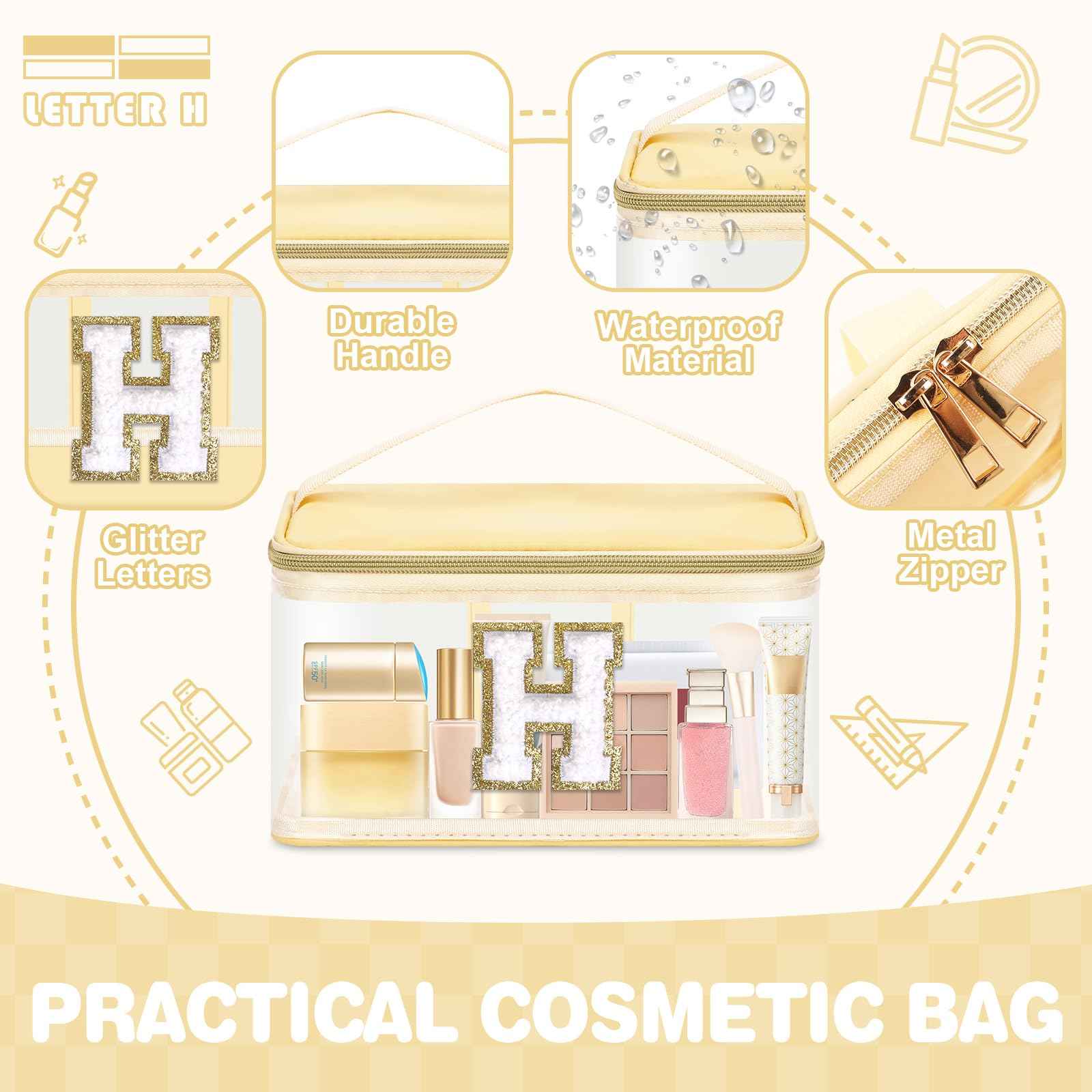 UIXIZQ Personalized Initial Letter Patch Clear Makeup Bag,Cute Preppy Chenille Letter Travel Cosmetic Bag with Handle,Nylon Toiletry Bag Handbag,Large Make up Storage Zipper Pouch for Women,H