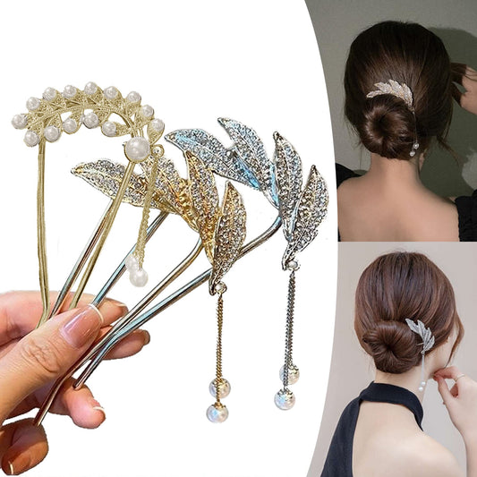 3 Pack Pearl Bridal Wedding Hair Styling Pins, Leaves Style Clips Barrettes Bride Head Piece U Shape Rhinestone Flower Hair Accessories for Women & Girls Brides Bridesmaids 005-3PCS