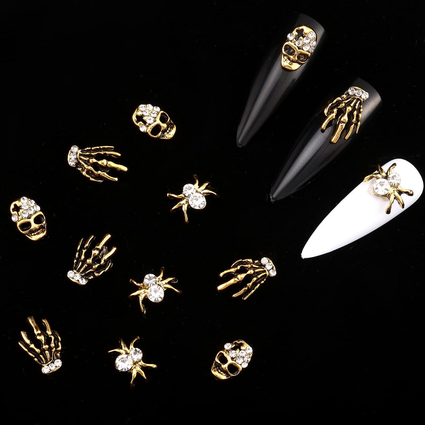 60 Pieces Halloween Nail Charms Skull Spider Nail Charms Skull 3D Spider with Rhinestones Halloween Nail Jewelry Vintage Alloy Skeleton Hand Nail Accessories for Women(Antique Gold)