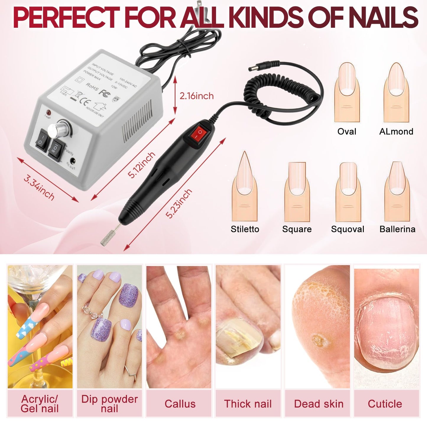 Professional Electric Nail Drill Machine Nails File Manicure Pedicure Set for Acrylic Gel Dip Powder Art Shape Remover Tool Polisher Grinder Low Noise with 6 Drill Bits 156pcs Sanding Bands