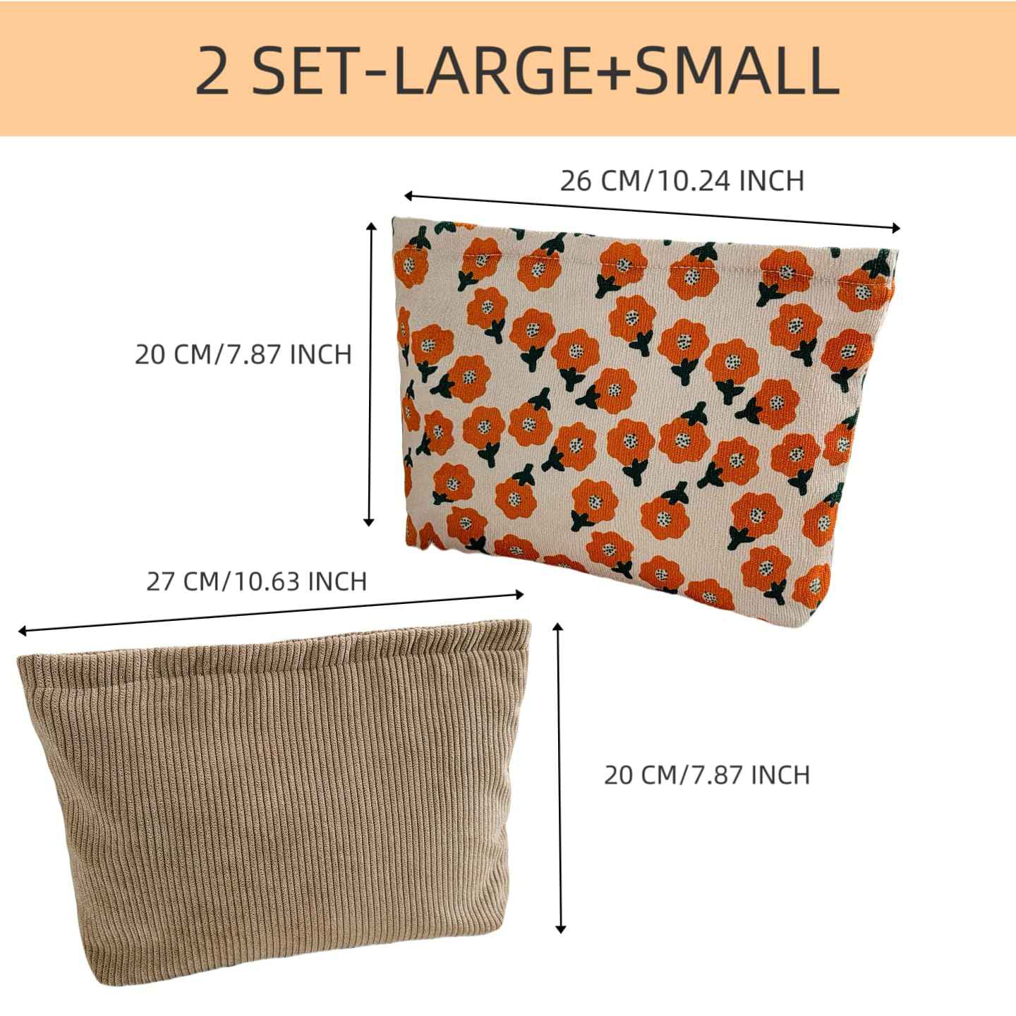 RIKMOXR 2 large makeup bags Women's Corduroy Canvas Makeup Bag, Travel Makeup Bag, Wallet Organizer, Khaki and Orange Flower Pattern