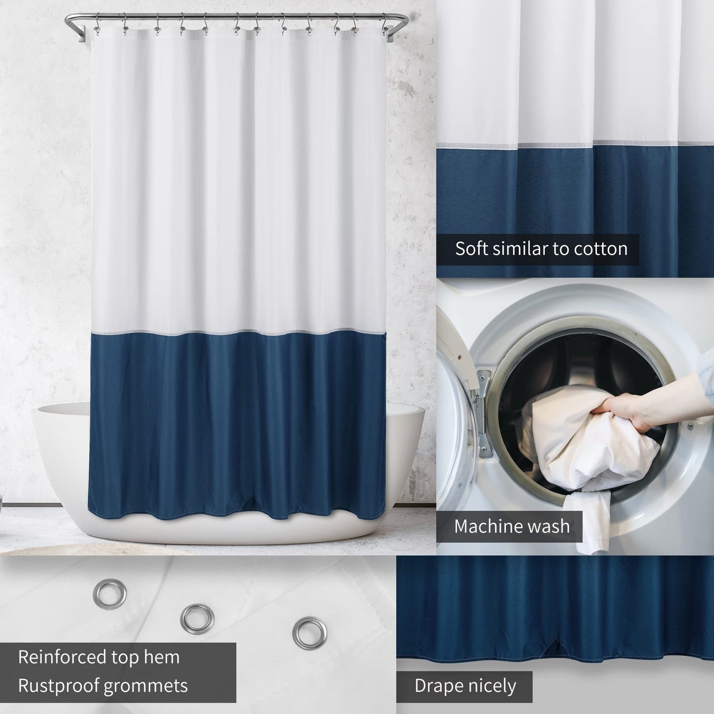 ALYVIA SPRING Waterproof Fabric Shower Curtain Liner - Soft & Light-Weight Cloth Shower Liner, 3 Bottom Magnets, Hotel Quality & Machine Washable - Standard Size 72x72, White and Navy