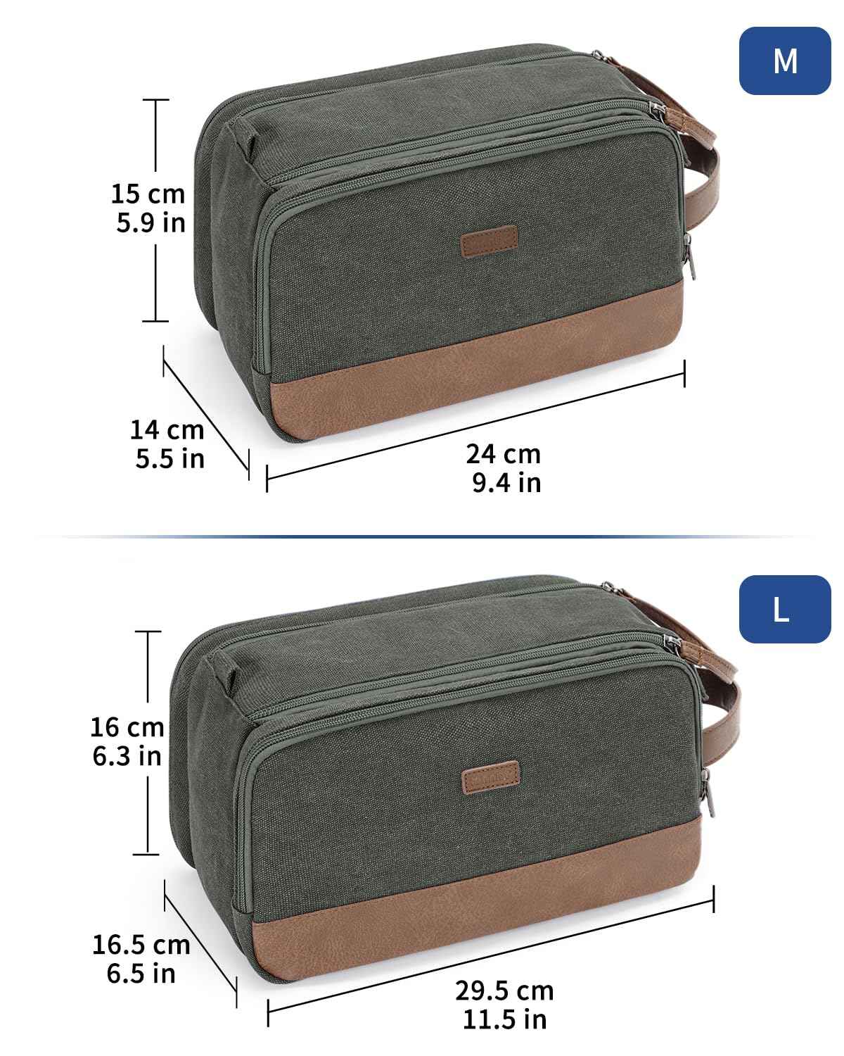 WANDF Toiletry Bag for Men Travel Toiletry Organizer Canvas and Leather Dopp Kit Water-Resistant Shaving Bag for Travel Accessories (Green, Medium)