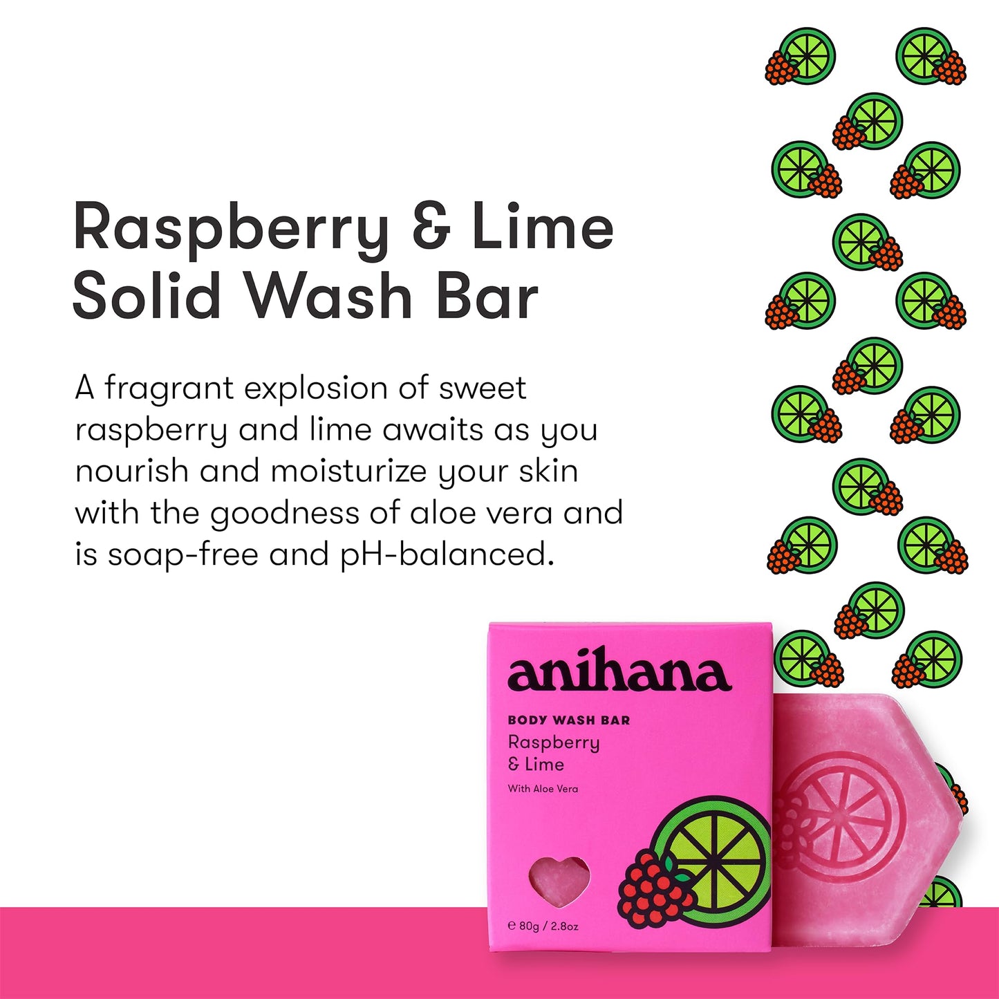 ANIHANA Body Wash Bar with Coconut Oil and Aloe Vera, Soap Free, Moisturizing, Gentle, Soft Skin Care, Refreshing Raspberry & Lime Scent 2.8 Oz