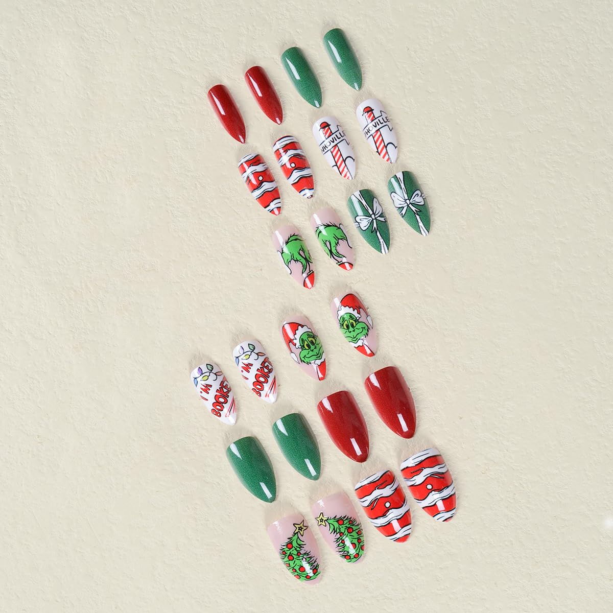 Christmas Press on Nails Short Almond Fake Nails Fun Cartoon Santa Claus Xmas Tree Stick on Nails Acrylic False Nails with Red Ribbon Designs Winter Holiday Artificial Glue on Nails for Women