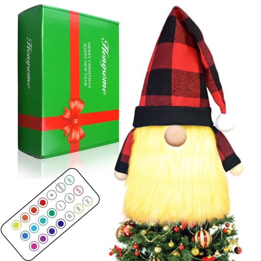 Gnome Christmas Tree Topper with Lights Decorations,23.6” Large Buffalo Plaid Battery Operated Remote 13 Colors Change Light Up Gnome Tree Decorations for Xmas Tree Topper Red&Black