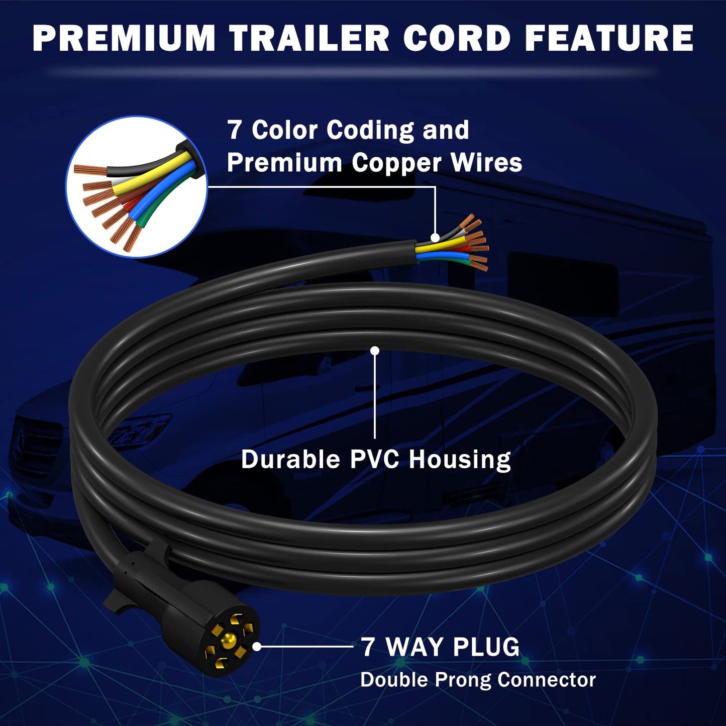 CheeMuii 7 Way Trailer Cord Heavy Duty 8 FT Trailer Wiring Harness Kit 7 Pin Trailer Plug Inline Wire Harness Cable for Trailers RVs Campers