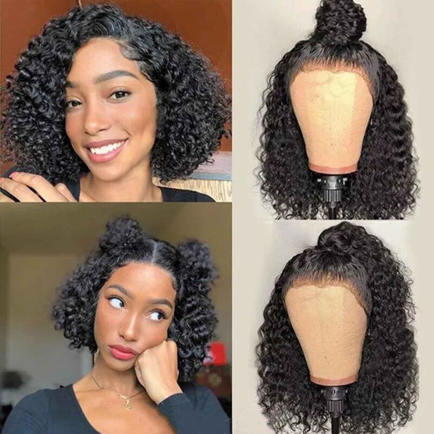 Short Bob Wig Human Hair 13x4 Frontal Lace Wig Curly Bob Wigs for Black Women 150% Density Bleached Knots Glueless HD Lace Front Wigs Human Hair Pre Plucked with Baby Hair Natural Hairline (10 Inch)