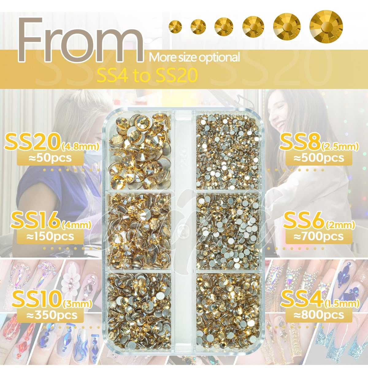 qiipii 2550pcs Champagne Golden Nail Art Flatback Rhinestones for Face Makeup Gold Nail Gems Gemstones K9 Glass SS4~SS20 6 Sizes Bling Diamonds Stones w Tweezer & Picking Pen for Nails DIY Craft