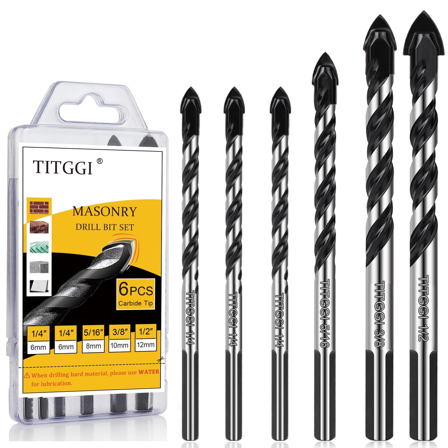 Concrete Drill Bit & Masonry Drill Bit Set, Professional Drill Bit Set (6PCS) for Glass/Brick/Plastic/Cement/Wood/Tile/Etc, Industrial Strength Carbide Drill Bit Tip, 1/4"-1/2" by TITGGI