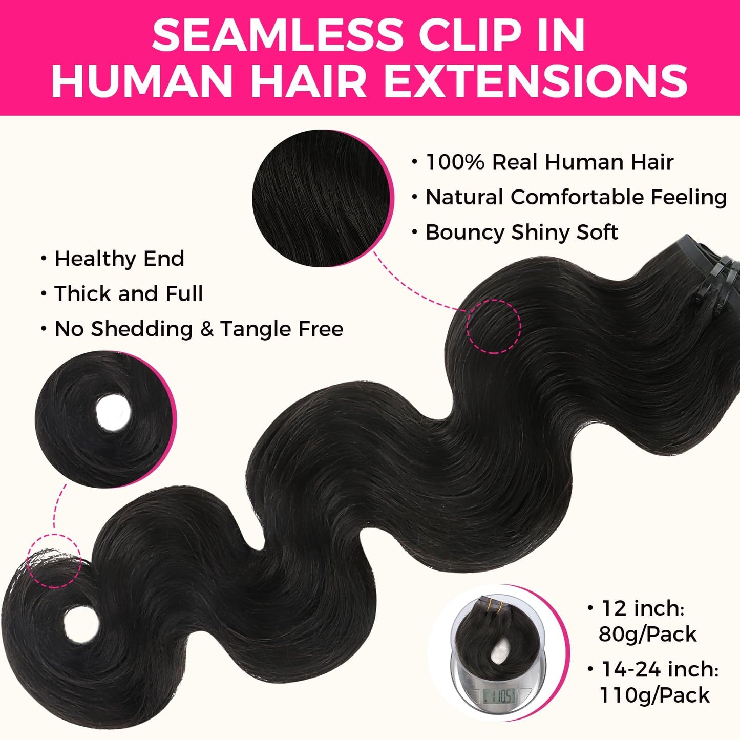 Lashey Seamless Clip in Hair Extensions Remy Human Hair Extensions, 110g 7pcs Body Wave Natural Black Clip in Hair Extensions 100% Real Soft Human Hair Natural Black Human Hair Extensions 14 Inch