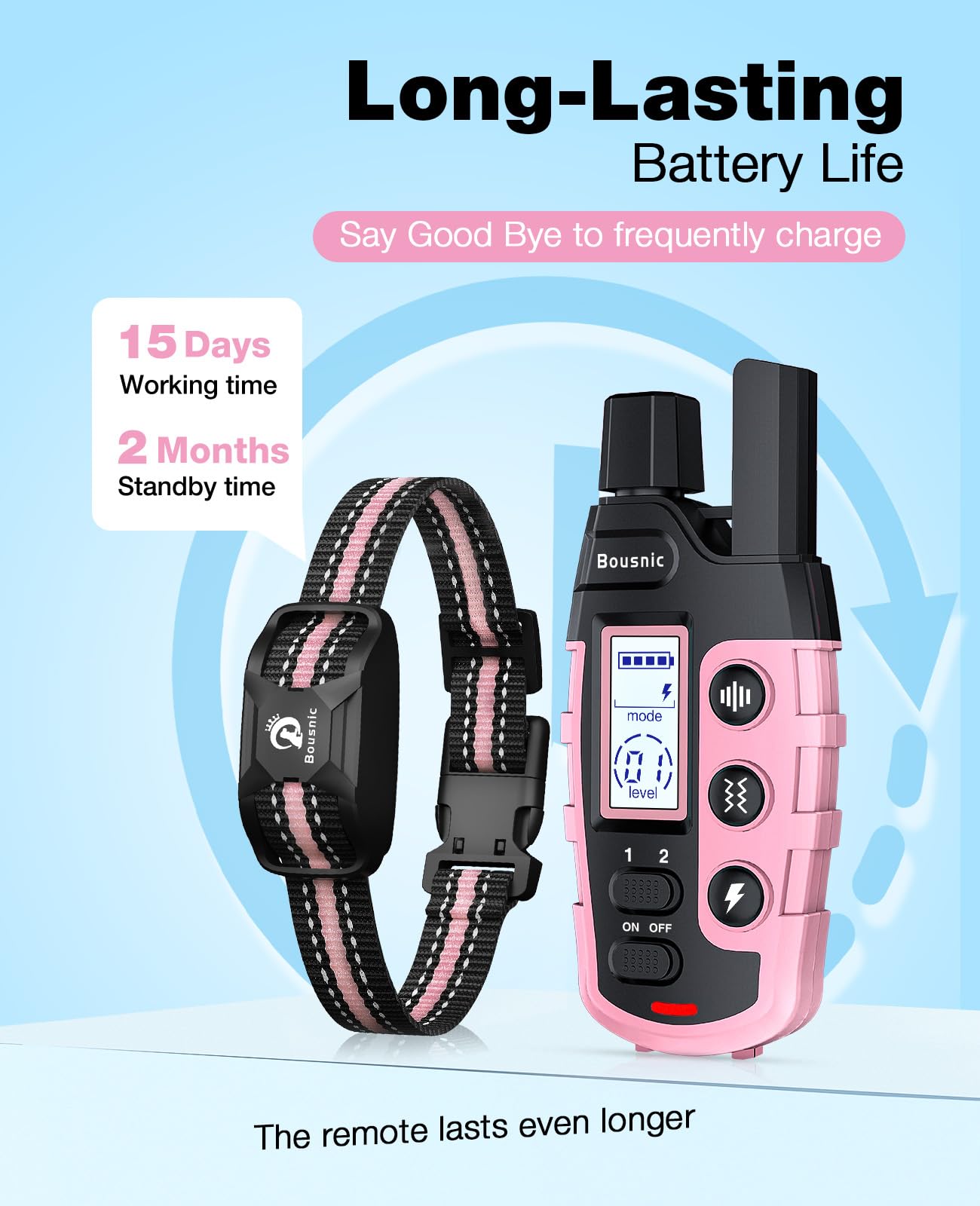 Bousnic Dog Shock Collar - 3300Ft Dog Training Collar with Remote for 5-120lbs Small Medium Large Dogs Rechargeable Waterproof e Collar with Beep (1-8), Vibration(1-16), Safe Shock(1-99) (LightPink)