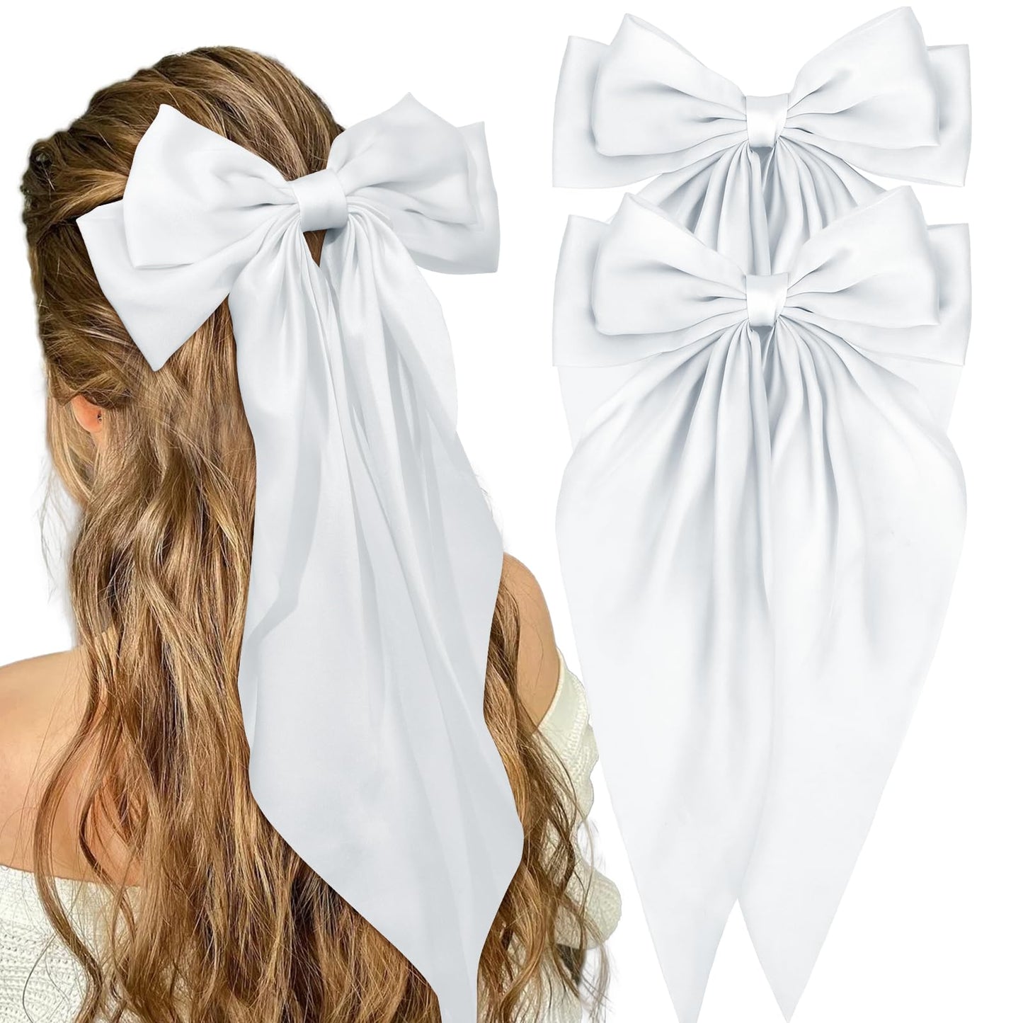 YISSION Large Silky White Satin Bow Hair Clips with Long Tail - 2Pcs Cute Hair Accessories for Women and Girls