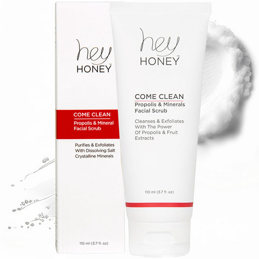 Hey Honey, Come Clean Propolis & Mineral Facial Scrub. Rich, Exfoliating, Dead Sea Salt Scrub designed to be gentle enough for even the most sensitive skin. 110ml