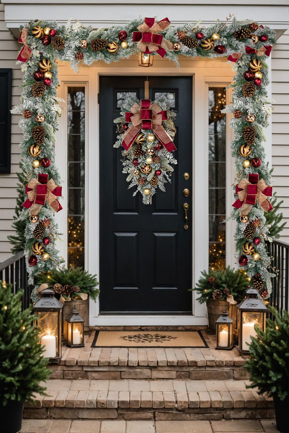 30" Christmas Teardrop Swag for Front Door Artificial Winter Swag Garland with Pine Cones, Berry Clusters, Burgundy Ball Ornaments and Ribbons for Thanksgiving Holiday Christmas Decoration