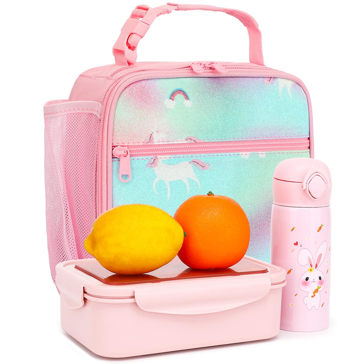 FlowFly Kids Lunch box Insulated Soft Bag Mini Cooler Back to School Thermal Meal Tote Kit for Girls, Boys, Glitter-Unicorn