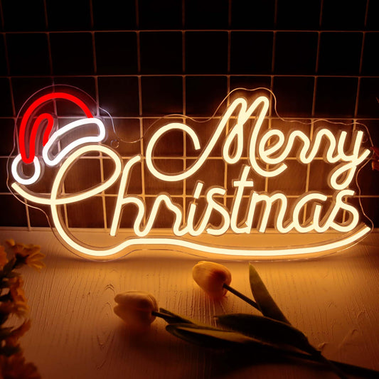 Allball Merry Christmas Neon Signs for Wall Decor, LED Christmas Hat LED Sign, USB Powered Dimmable Switch for Indoor Party Kids Bedroom Wedding Bar Pub Club Birthday Party Gift(16.8 * 8.2in)