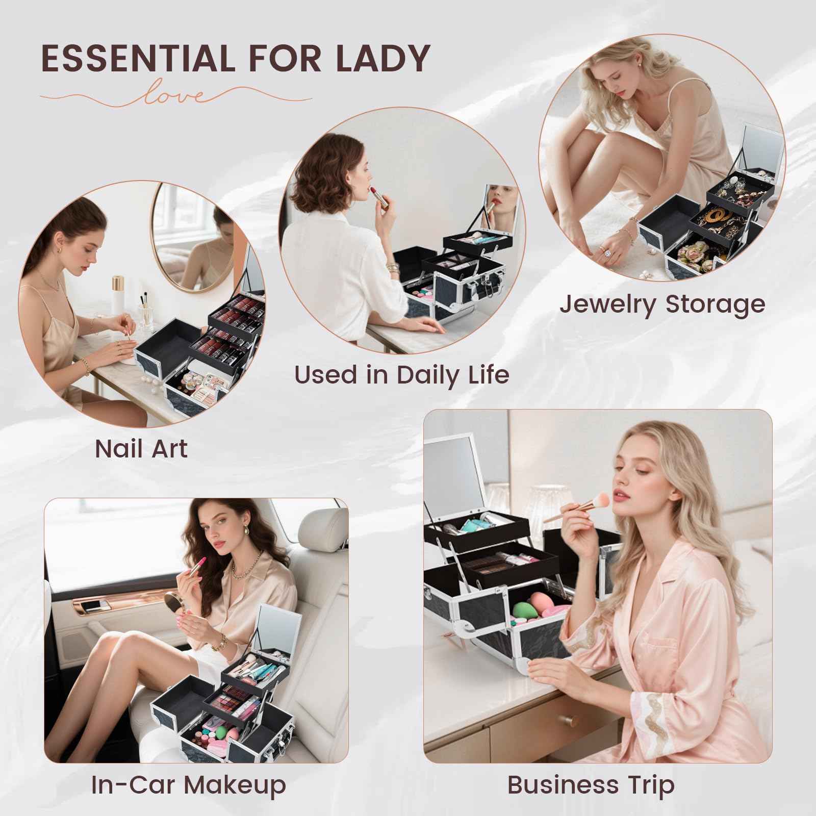 Costravio Makeup Case Train Case Portable Makeup Box with Mirror Lock Box Travel Cosmetic Train Cases Hard Make Up Organizer for Girls Nail Craft Storage Vanity Misty Hills Black