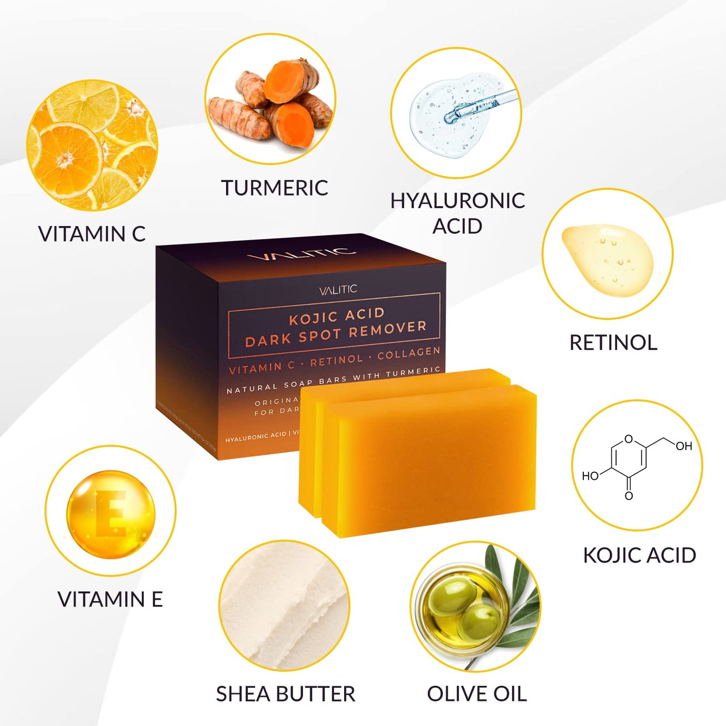 Valitic 2 Pack Kojic Acid Dark Spot Corrector Soap Bars with Vitamin C, Retinol, Collagen, Turmeric - Original Japanese Complex with Hyaluronic Acid & A Pair of Black Exfoliating Gloves for Body Scrub