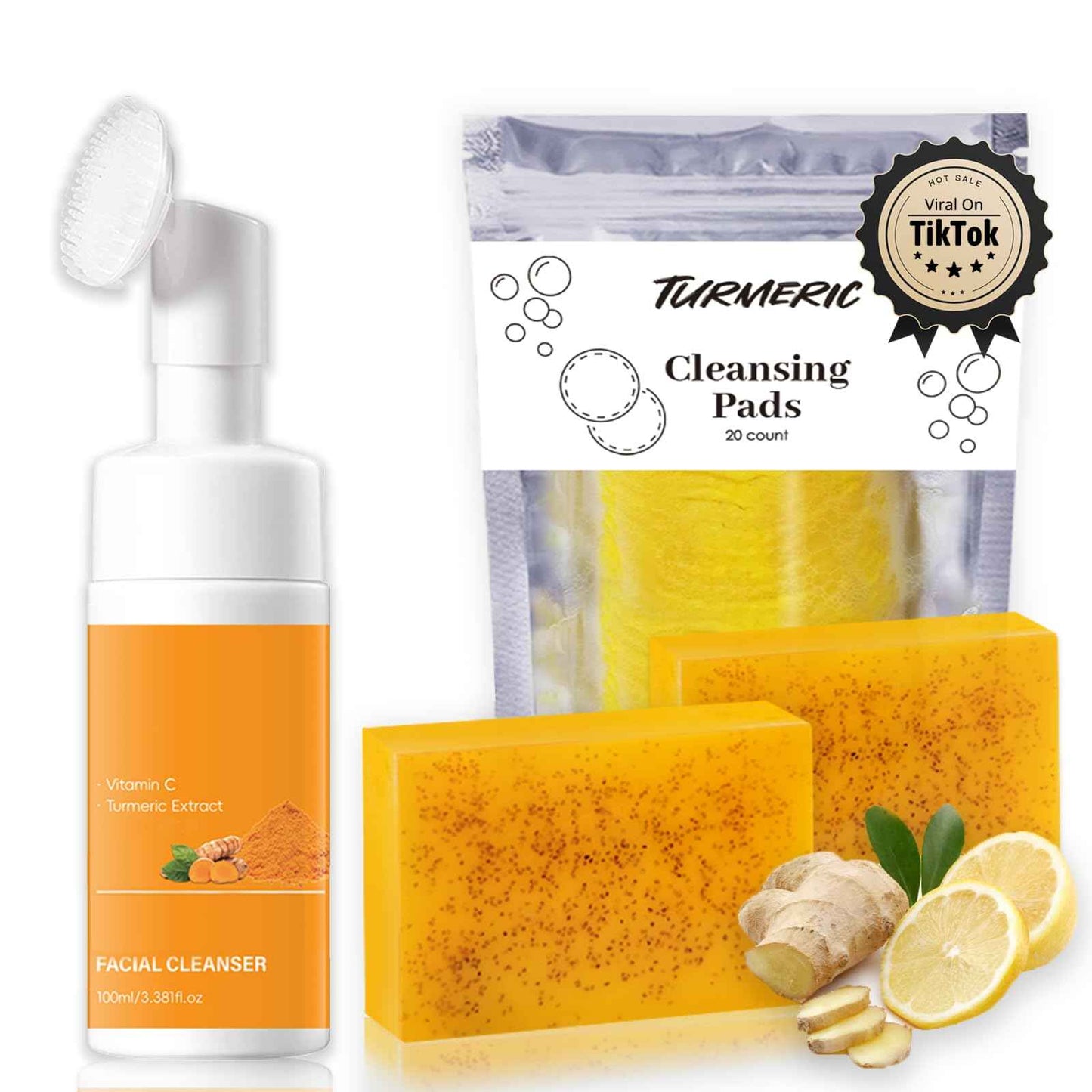 Turmeric Wash and Care Three Piece Set – Turmeric Face Wash with Brush, Exfoliating Facial Pads, Cleansing Soap Bars (2PC) & Turmeric Oil – Jabon de Curcuma, Natural Skincare for Face & Body