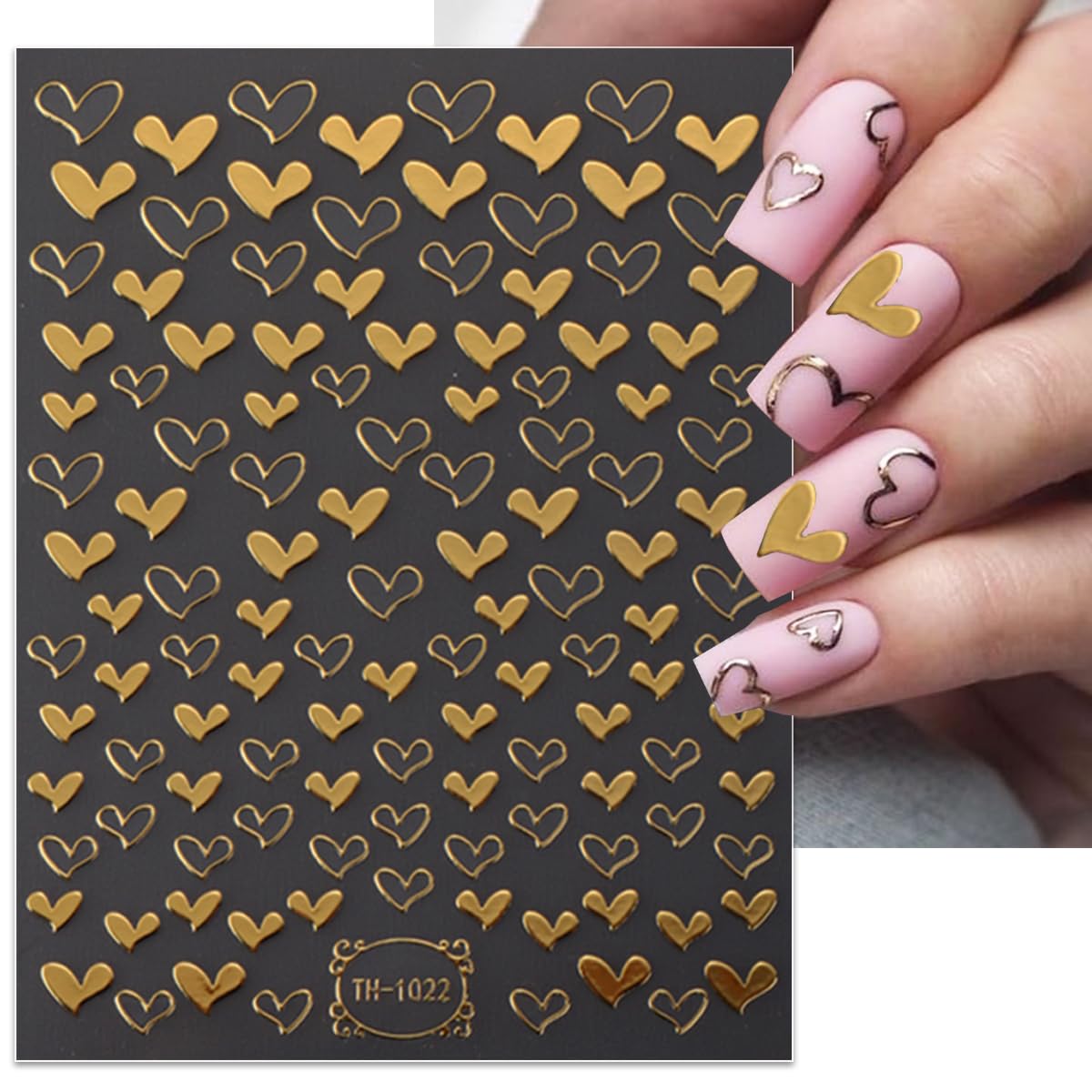 6 Sheets Valentine's Day Nail Art Stickers Heart Nail Stickers Self-Adhesive Metal Gold Silver Pink Bronzing Heart Charm Nail Stickers for Acrylic Nail Tips Design False Nail Supplies for Women